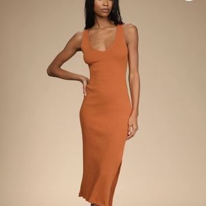 Rust Orange Ribbed Bodycon Midi Dress
